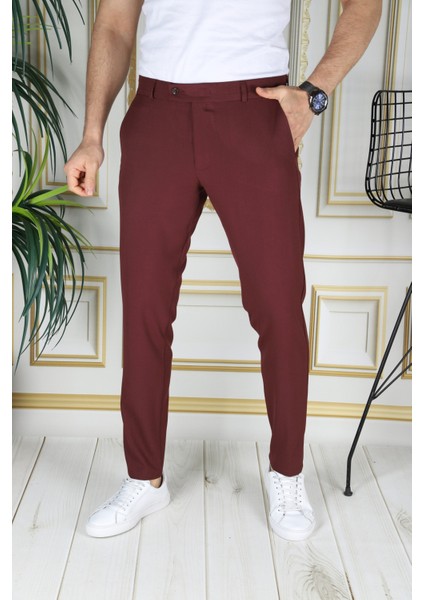 Erkek Bordo Renk Italyan Kesim Slimfit Kumaş Pantolon