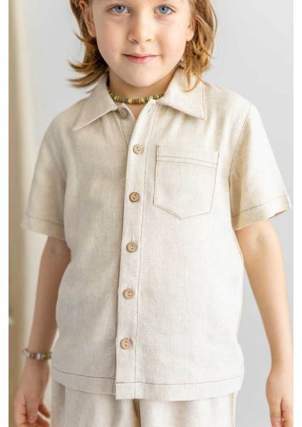 Bej Keten Önden Düğmeli Cepli Kısa Kol Erkek Çocuk Gömlek modelleri