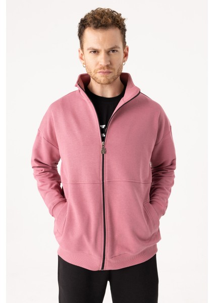 Erkek Gül Kurusu Dik Yaka Fermuarlı Oversize Sweatshirt