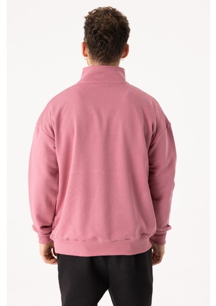 Erkek Gül Kurusu Dik Yaka Fermuarlı Oversize Sweatshirt