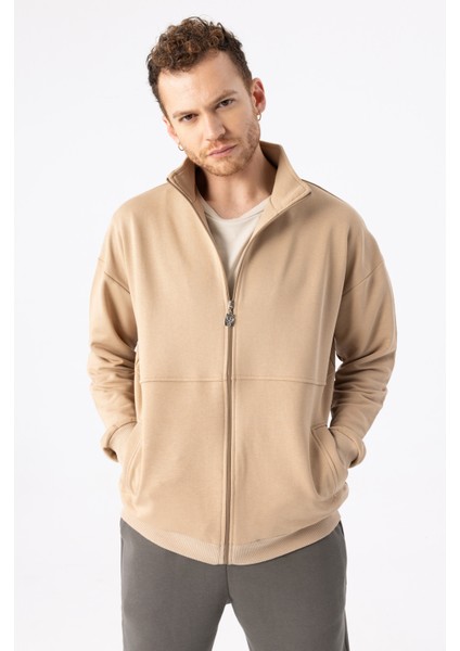 Erkek Vizon Dik Yaka Fermuarlı Oversize Sweatshirt