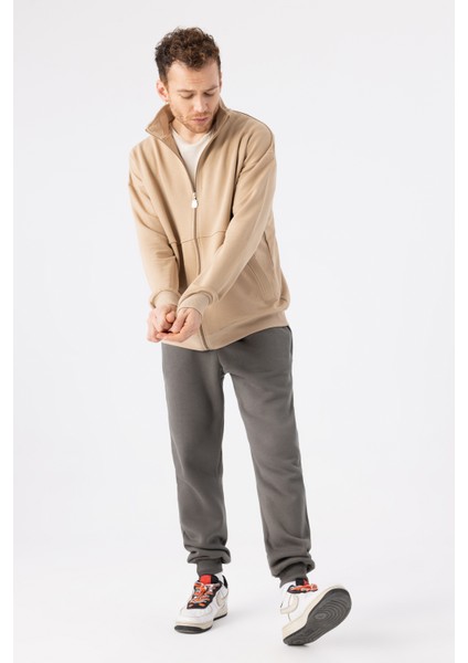 Erkek Vizon Dik Yaka Fermuarlı Oversize Sweatshirt
