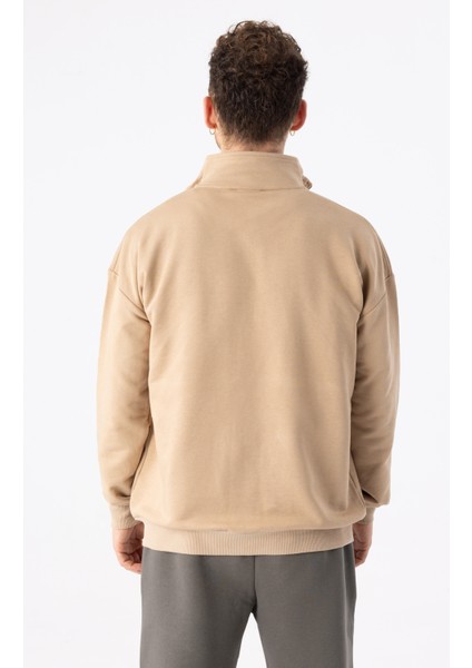 Erkek Vizon Dik Yaka Fermuarlı Oversize Sweatshirt
