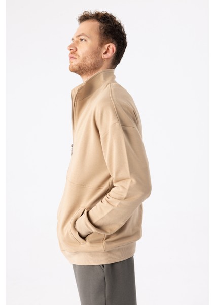 Erkek Vizon Dik Yaka Fermuarlı Oversize Sweatshirt