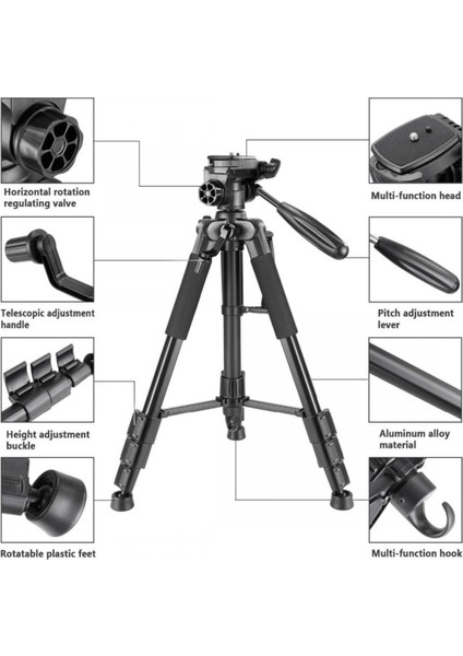 Profesyonel Telefon ve Fotoğraf Makinesi Uyumlu 175CM 360°DÖNEBILEN Taşıma Çantalı 3 Kademeli Tripot
