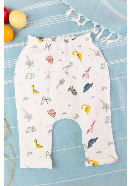 %100 Pamuk Beli Lastikli Müslin Bebek Şalvar Pantolon