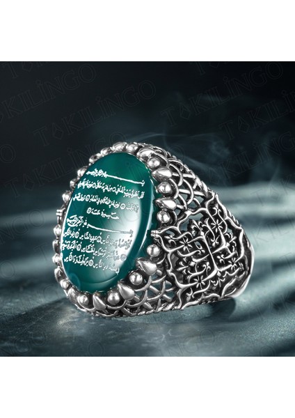 925 Ayar Gümüş Yeşil Akik Taşlı Felak ve Nas Suresi Işlemeli El Yapımı Erkek Yüzük