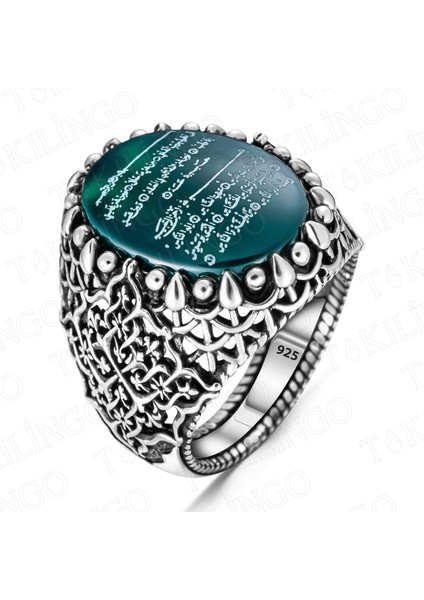 925 Ayar Gümüş Yeşil Akik Taşlı Felak ve Nas Suresi Işlemeli El Yapımı Erkek Yüzük fiyatları