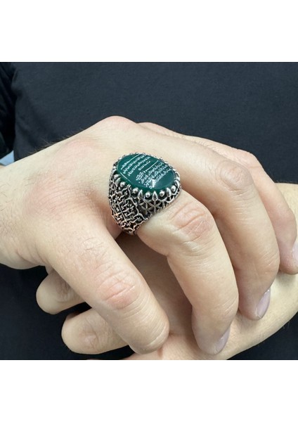 925 Ayar Gümüş Yeşil Akik Taşlı Felak ve Nas Suresi Işlemeli El Yapımı Erkek Yüzük modelleri