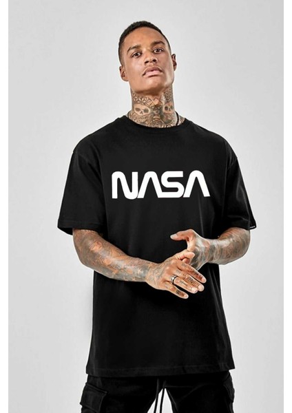 Unisex Nasa Baskılı Siyah Tshirt