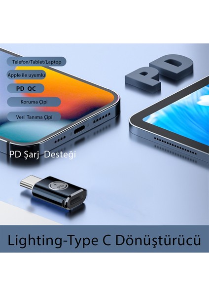 35W Type C To Lightning iPhone 15 Max Pro Plus Yuva Çevirici Hızlı Şarj Aktarımı Otg Dönüştürücü Koyu Mavi Otgtm-01