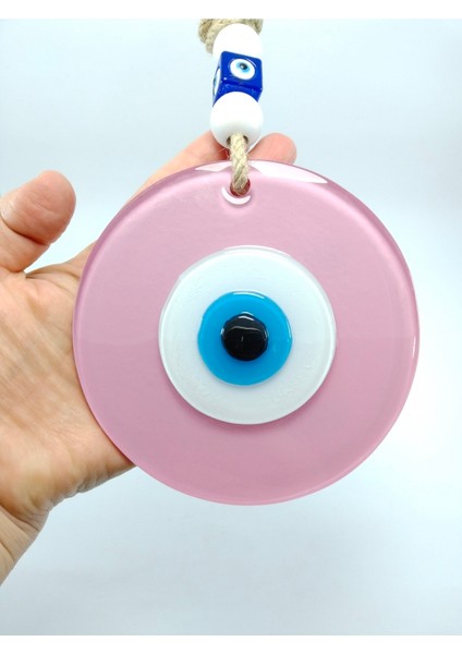 Opak Toz Pembe Nazar Boncuğu El Yapımı Cam Duvar Dekoru 12 cm Hediyelik Eşya