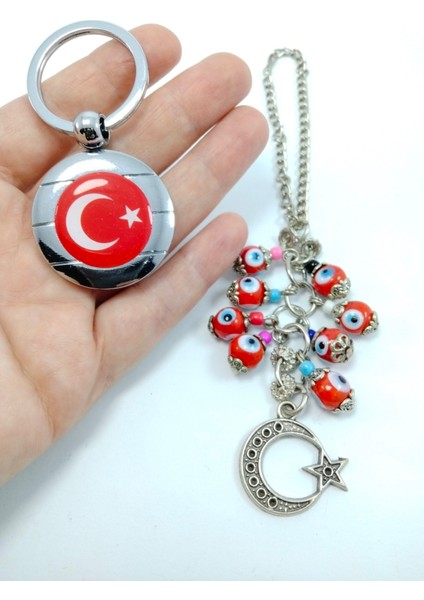 Kırmızı Nazar Boncuğu Bayrak Temalı Araba Dikiz Ayna Süsü + Metal Anahtarlık Ikili Hediyelik Eşya