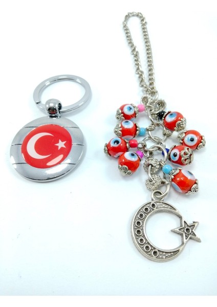 Kırmızı Nazar Boncuğu Bayrak Temalı Araba Dikiz Ayna Süsü + Metal Anahtarlık Ikili Hediyelik Eşya fiyatları