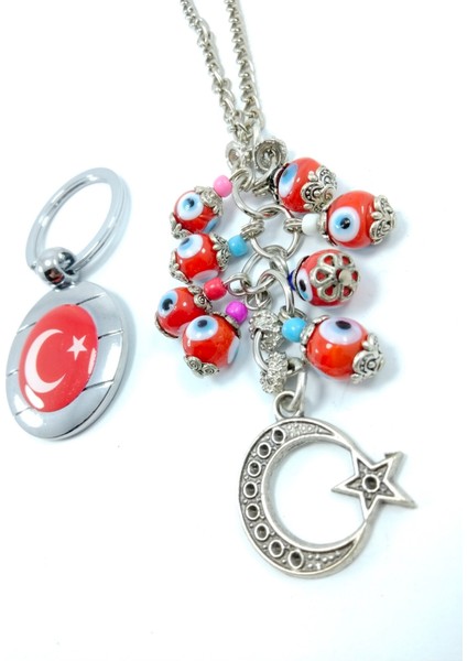 Kırmızı Nazar Boncuğu Bayrak Temalı Araba Dikiz Ayna Süsü + Metal Anahtarlık Ikili Hediyelik Eşya modelleri