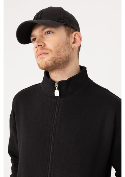 Erkek Siyah Dik Yaka Fermuarlı Oversize Sweatshirt