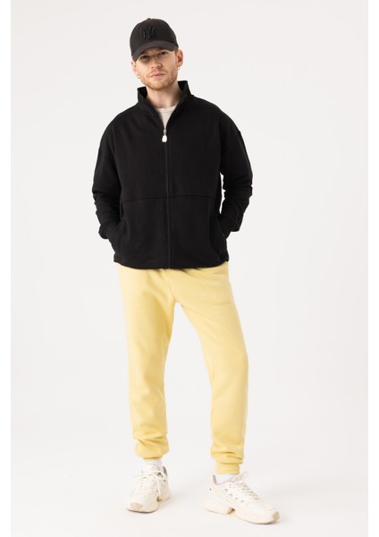Erkek Siyah Dik Yaka Fermuarlı Oversize Sweatshirt