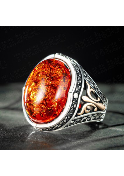 925 Ayar Gümüş Kehribar Taşlı Erkek Yüzük