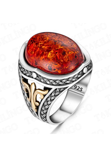 925 Ayar Gümüş Kehribar Taşlı Erkek Yüzük fiyatları