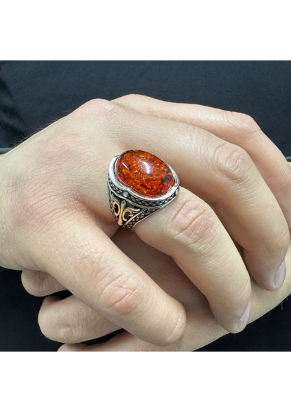 925 Ayar Gümüş Kehribar Taşlı Erkek Yüzük modelleri