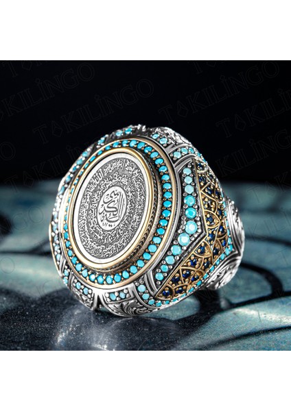 925 Ayar Gümüş Mini Turkuaz Taşlı Ayetel Kürsi Işlemeli Usta Işi Erkek Yüzük