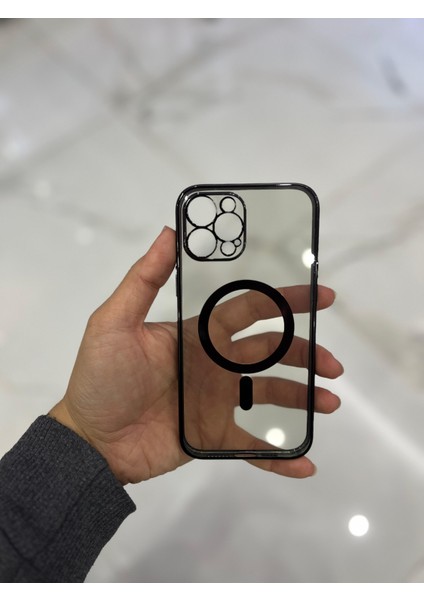 Apple iPhone 12 Pro Max Magsafe Lazer Silikon Renkli Şeritli Telefon Kılıfı Kamera Lensi Açık