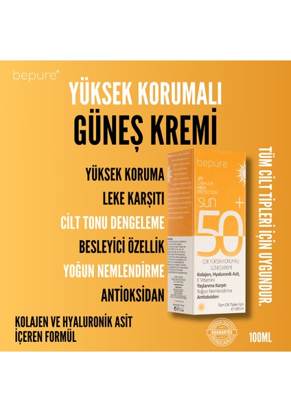 50 SPF Güneş Kremi Tüm Cilt Tiplerine Uygun Suya Dayanıklı 100 ml