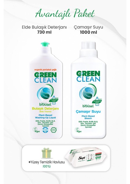 Green Clean Bulaşık Deterjanı 730 Ml, Çamaşır Suyu 1000 ml ve Yüzey Temizlik Havlusu 100'LÜ