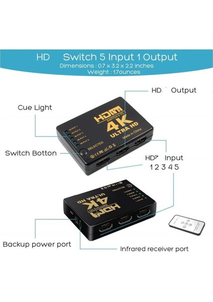 HDMI Switch 5 Port Çoklayıcı Kumandalı 4K Ultra Hd Destekli Switch fiyatları