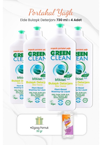 U Green Clean Green Clean Elde Bulaşık Deterjanı 730 ml x 4 Adet ve Zigzag Pamuk 50 gr