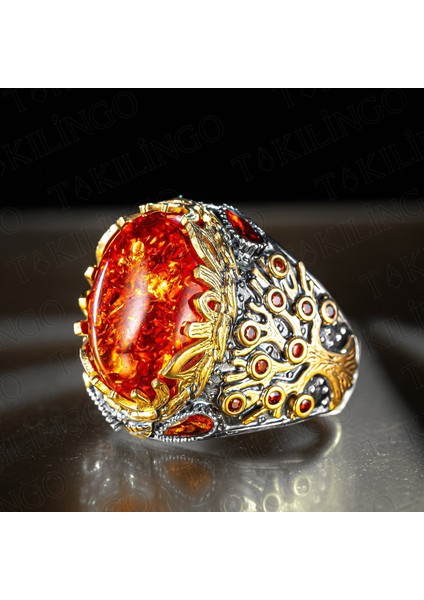 925 Ayar Gümüş Kehribar Taşlı Hayat Ağacı Motifli Erkek Yüzük