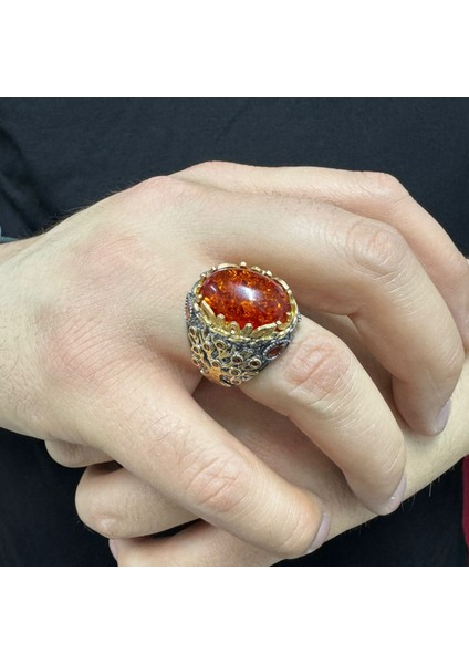 925 Ayar Gümüş Kehribar Taşlı Hayat Ağacı Motifli Erkek Yüzük modelleri