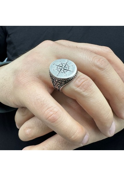 925 Ayar Gümüş Pusula Model Taşsız Erkek Yüzük modelleri