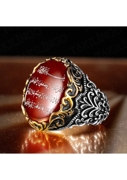 925 Ayar Gümüş Akik Taşı Üzeri Fatiha Suresi Işlemeli Taşlı Erkek Yüzük