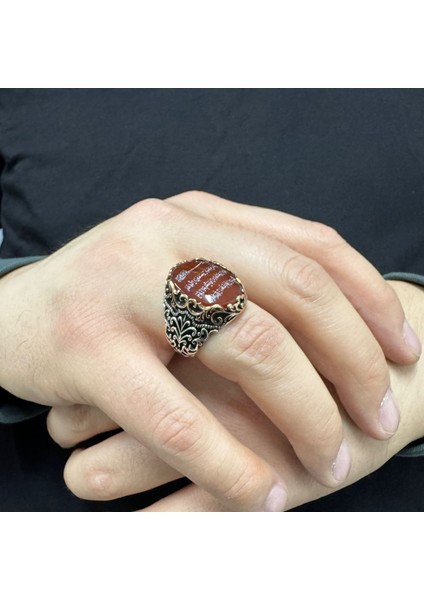 925 Ayar Gümüş Akik Taşı Üzeri Fatiha Suresi Işlemeli Taşlı Erkek Yüzük modelleri