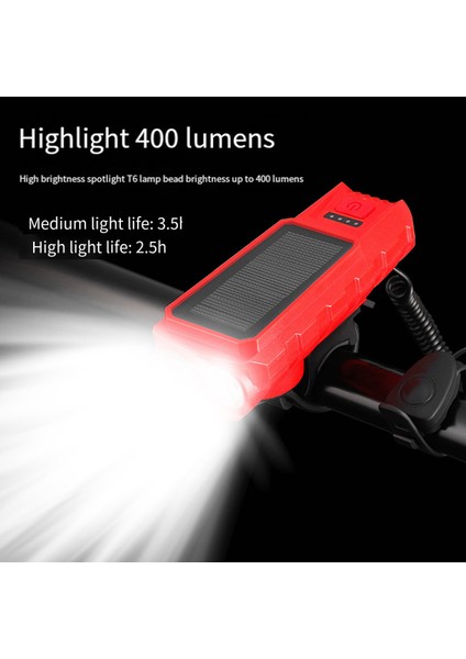 Güneş Enerjisi Bisiklet Far Su Geçirmez USB Şarj Edilebilir ile 130DB Korna El Feneri Bisiklet Zili Bisiklet Aksesuarları Kırmızı (Yurt Dışından)