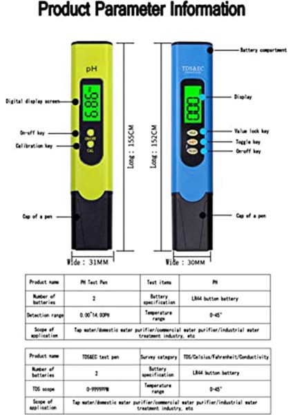 Iki Renkli Dijital Su Kalitesi Tds Test Cihazı ve Arka Işık Ph Ölçer, Ev Için Okuma 3'ü 1 Arada Tds Ec Sıcaklık Ölçer (Yurt Dışından) modelleri