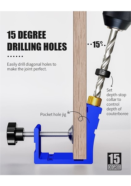 Cep Delik Jig Kiti, 15° Açılı Delikler Için Cep Delik Matkap Kılavuz Jig Seti, Ağaç Işleme Açılı Delik Delme Için A (Yurt Dışından)