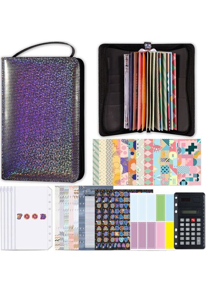 A6 Glitter El Fermuarlı Çanta Gevşek Yaprak Bağlayıcı Defter Iç Çekirdek Kapak Not Defteri Planlayıcısı Ofis Kırtasiye Malzemeleri Siyah (Yurt Dışından)