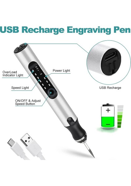 Gravür Kalemi, Elektrikli Gravür Alet Seti USB Şarj Edilebilir Gravür Kalem Mikro Akülü Carve Aracı Dıy Sanat Için (Yurt Dışından)
