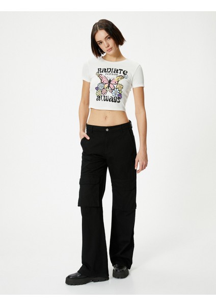 Kısa Kollu T-Shirt Crop Kelebek Baskılı Bisiklet Yaka Pamuklu Slim Fit
