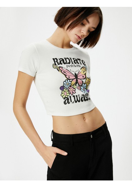 Kısa Kollu T-Shirt Crop Kelebek Baskılı Bisiklet Yaka Pamuklu Slim Fit
