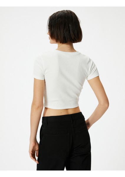 Kısa Kollu T-Shirt Crop Kelebek Baskılı Bisiklet Yaka Pamuklu Slim Fit