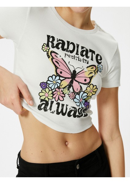 Kısa Kollu T-Shirt Crop Kelebek Baskılı Bisiklet Yaka Pamuklu Slim Fit
