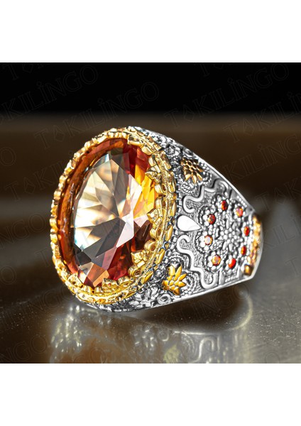 925 Ayar Gümüş Zultanit Taşlı Yanları Çiçek Desenli Erkek Yüzük