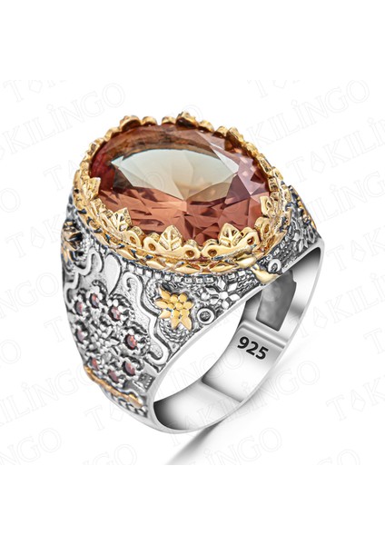 925 Ayar Gümüş Zultanit Taşlı Yanları Çiçek Desenli Erkek Yüzük fiyatları