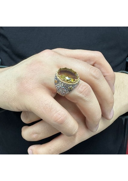 925 Ayar Gümüş Zultanit Taşlı Yanları Çiçek Desenli Erkek Yüzük modelleri