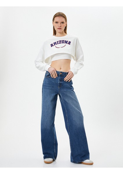 Crop Sweatshirt Baskılı Bisiklet Yaka Uzun Kollu