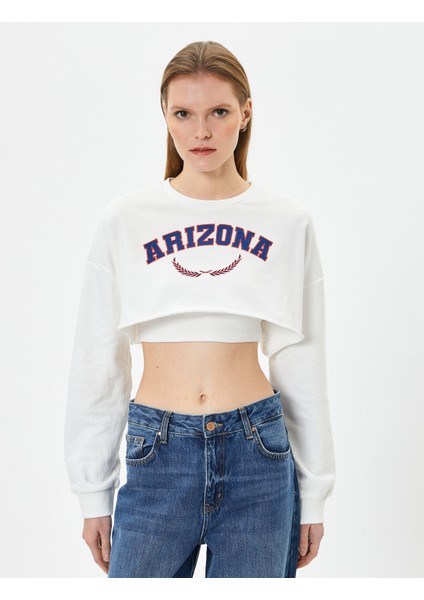 Crop Sweatshirt Baskılı Bisiklet Yaka Uzun Kollu