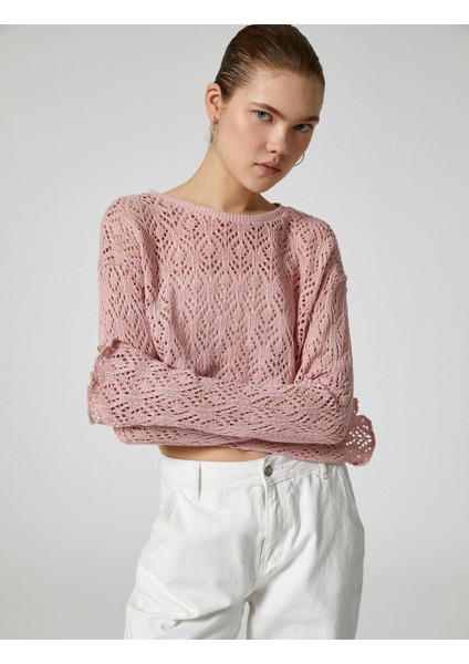 Crop Ajurlu T-Shirt Geniş Uzun Kollu Bisiklet Yaka Rahat Kalıp